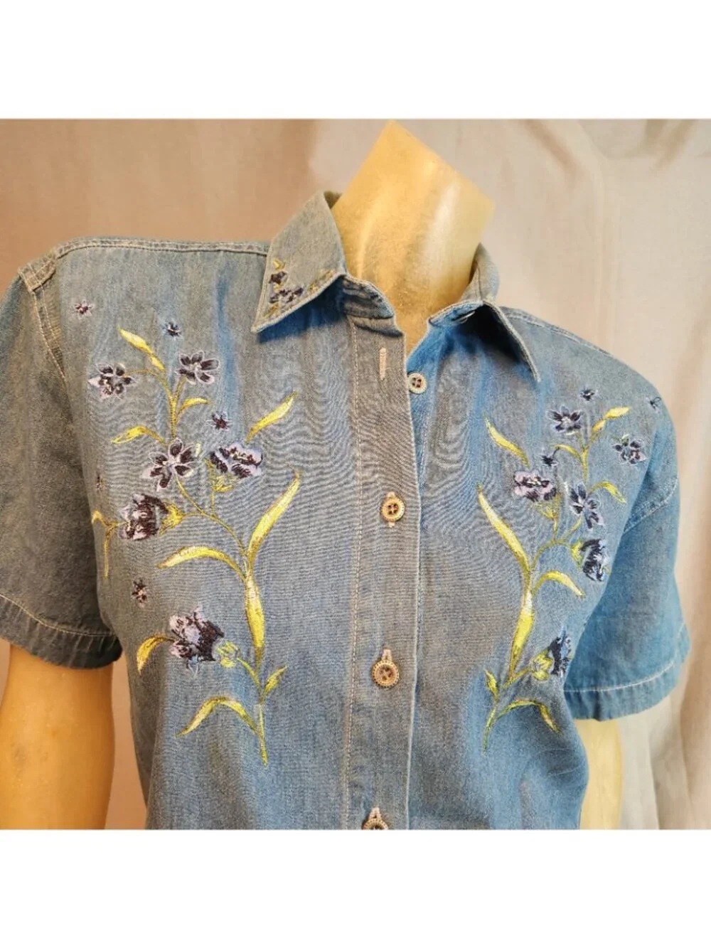 Capacity Petites Denim Blue Floral Button 90s Blouse Shirt Top Womens MEDIUM - Picture 2 of 6